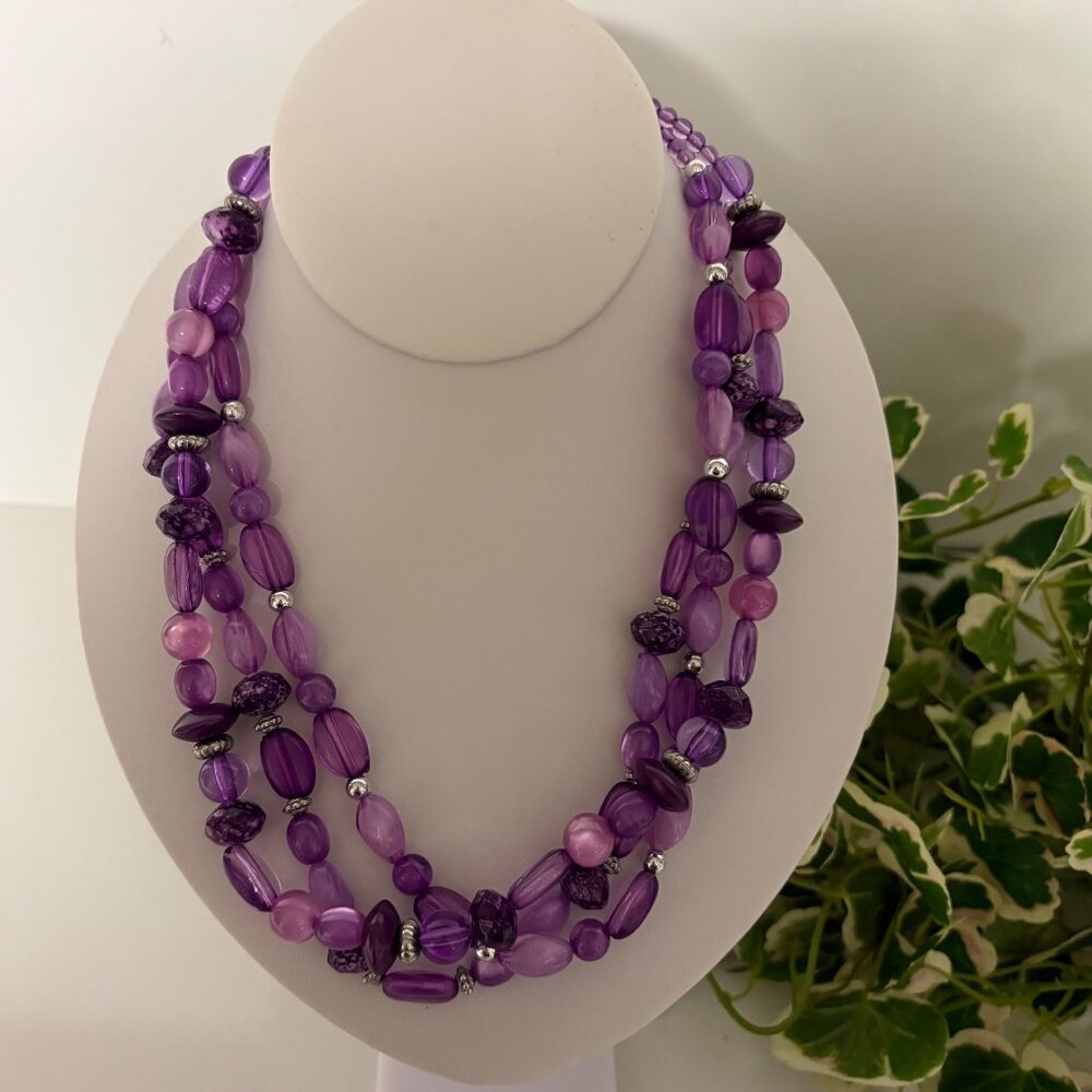 Purple Multi-Strand Necklace Silver Accents Acrylic Plastic Beads Lightweight